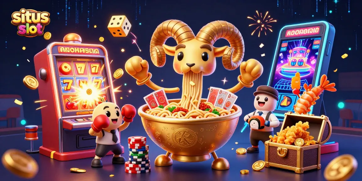 Situs slot online dengan mesin slot, dadu keemasan, dan karakter kartun yang seru.