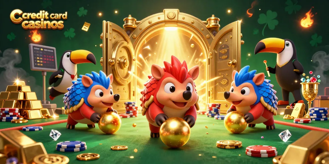 Enjoy exciting gameplay at credit card casinos with pangolins bowling through poker chip stacks.