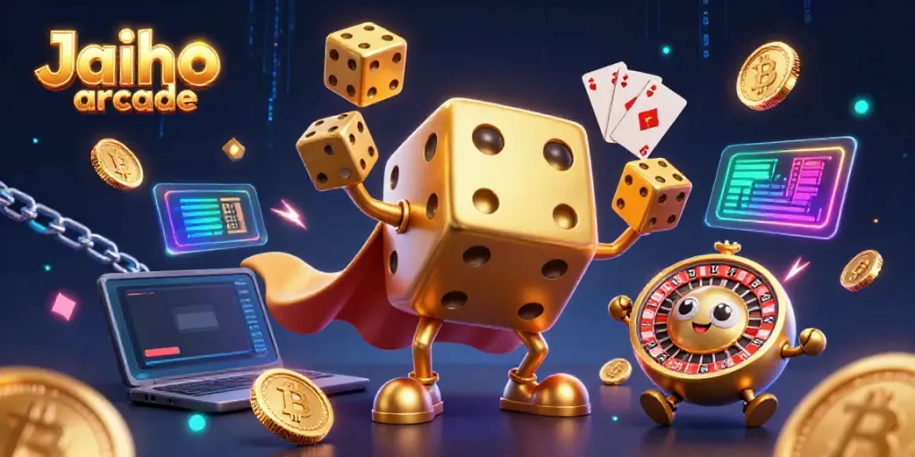 Experience thrilling gameplay at Jaiho arcade with a dynamic casino-themed scene featuring 3D characters and crypto elements.