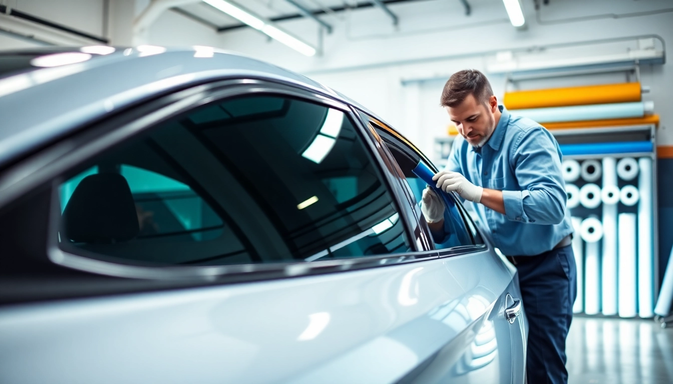 Applying auto window tint near me with expert technicians at work in a bright workshop.
