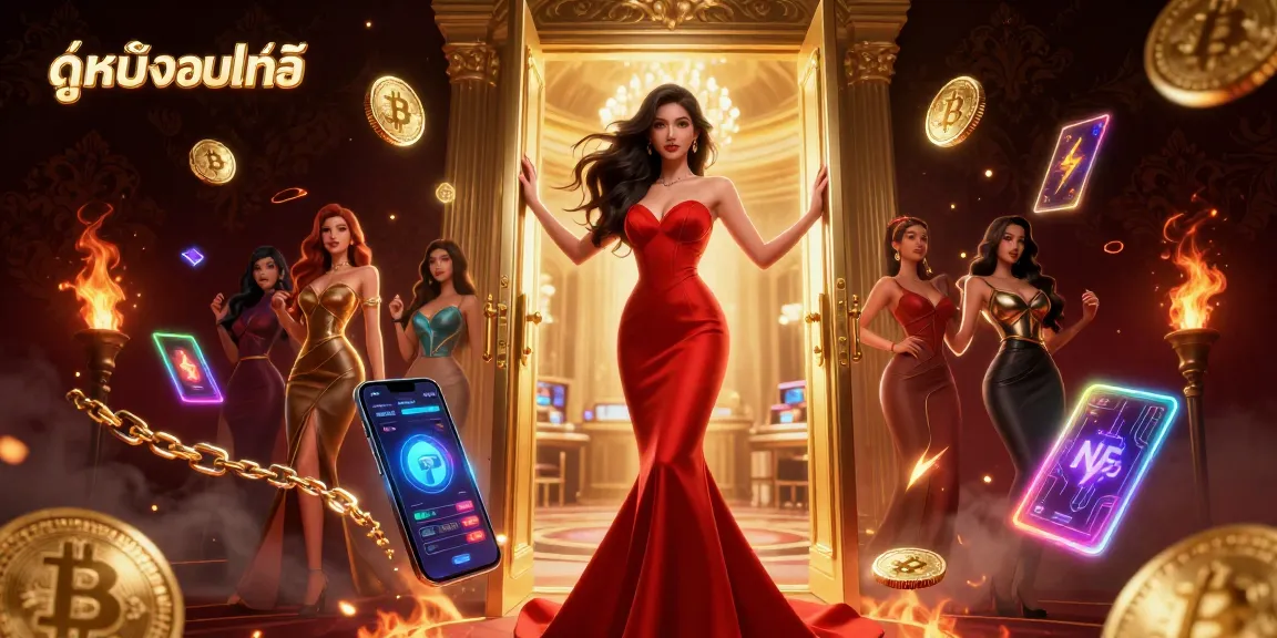 Engage in ดูหนังออนไลน์ with a glamorous Asian woman at a VIP casino, surrounded by glowing crypto elements.