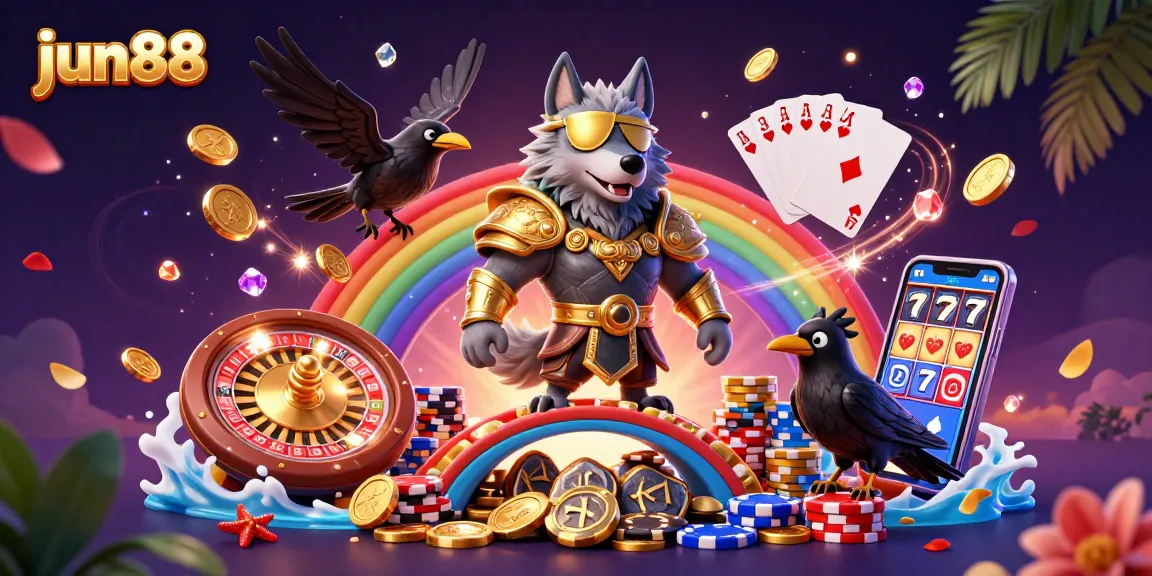 Experience thrilling gaming at jun88 with a vibrant 3D casino illustration showcasing action-packed casino elements.
