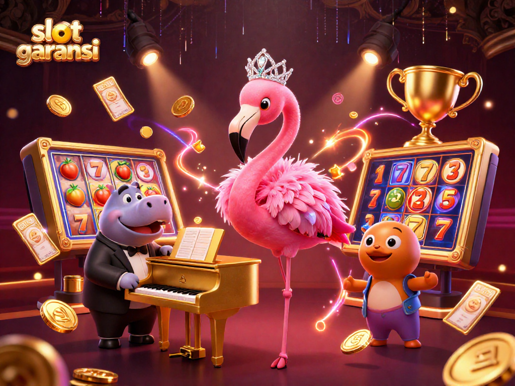 Experience slot garansi with playful flamingo and hippo in a vibrant casino scene filled with dynamic elements.