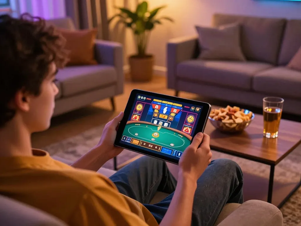Playing slot games on a tablet with the oli 4d platform, highlighting a cozy and strategic gaming experience.