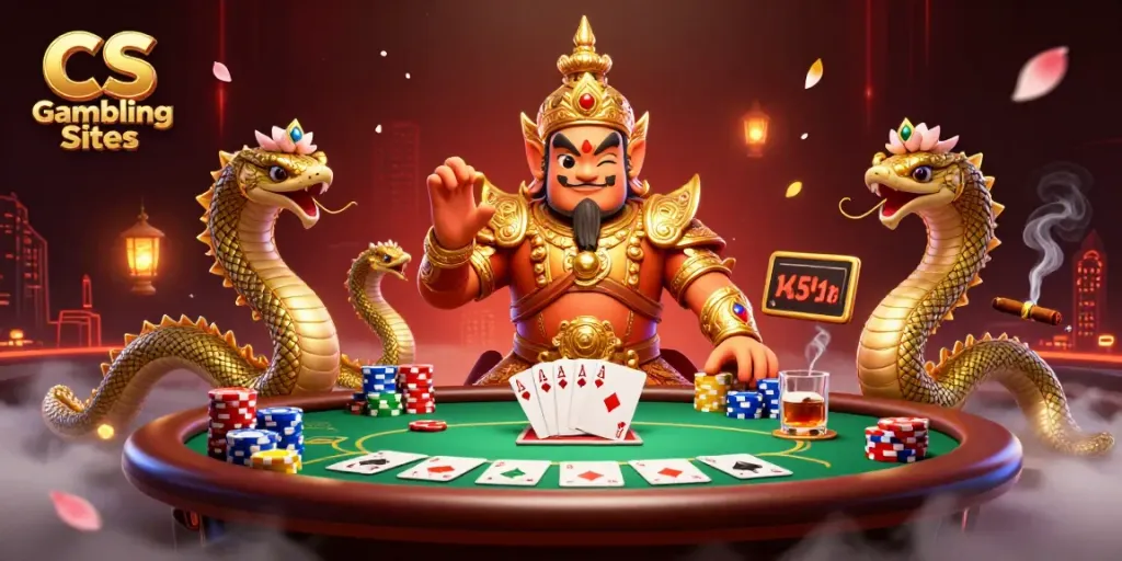 Experience thrilling action at CS Gambling Sites with an exciting casino scene featuring a friendly yaksha, poker elements, and vibrant atmosphere.