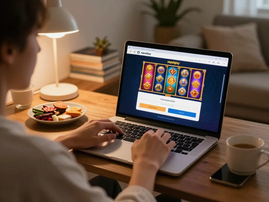 Playing online casino games on a laptop with sepuhplay login interface in a cozy home atmosphere