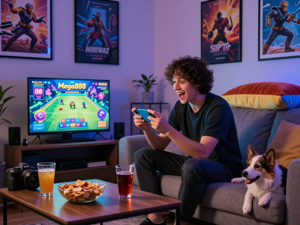 Enjoying free credit mega888 while gaming on a smartphone in a cozy living room.