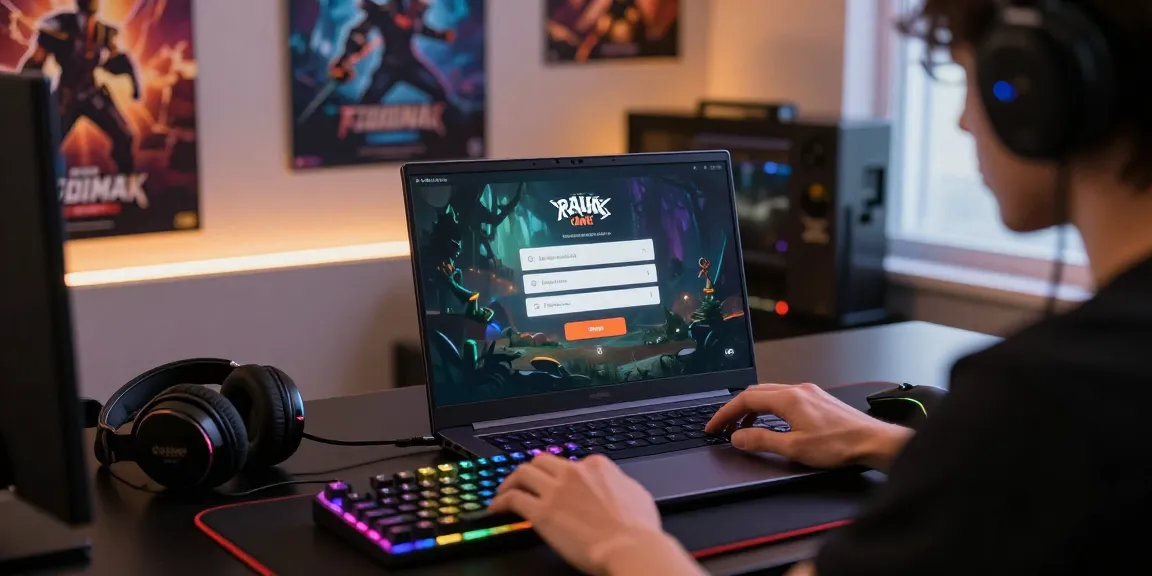 Raja Game login process on a user's laptop with gaming accessories in a cozy gaming setup.