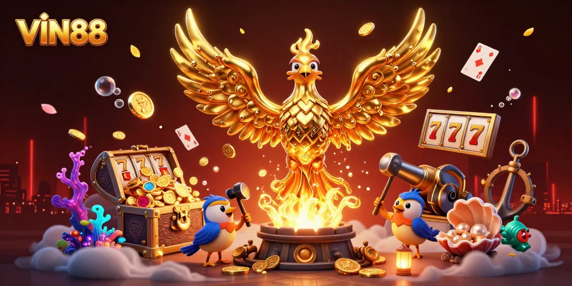 Experience the excitement of VIN88 with golden rewards and dynamic casino elements in this vibrant scene.