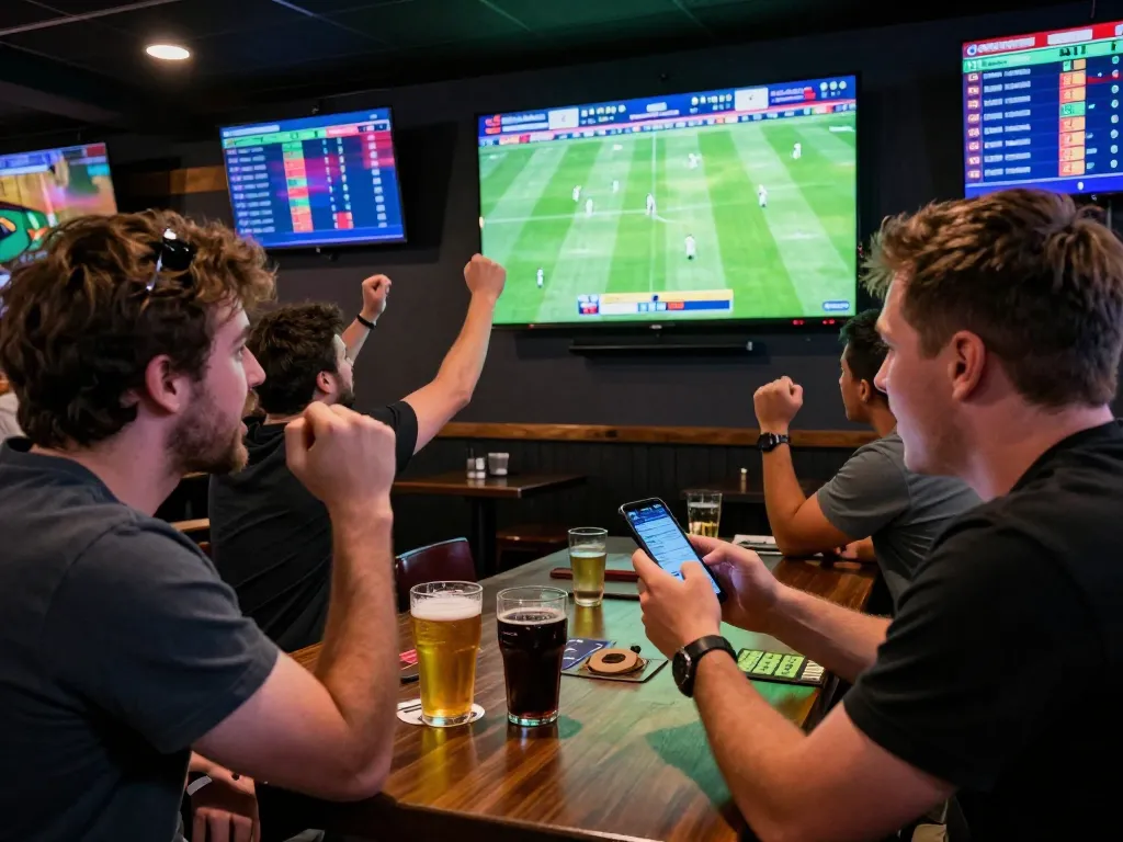 Soi kèo sports betting action at a lively bar with fans cheering for their teams.
