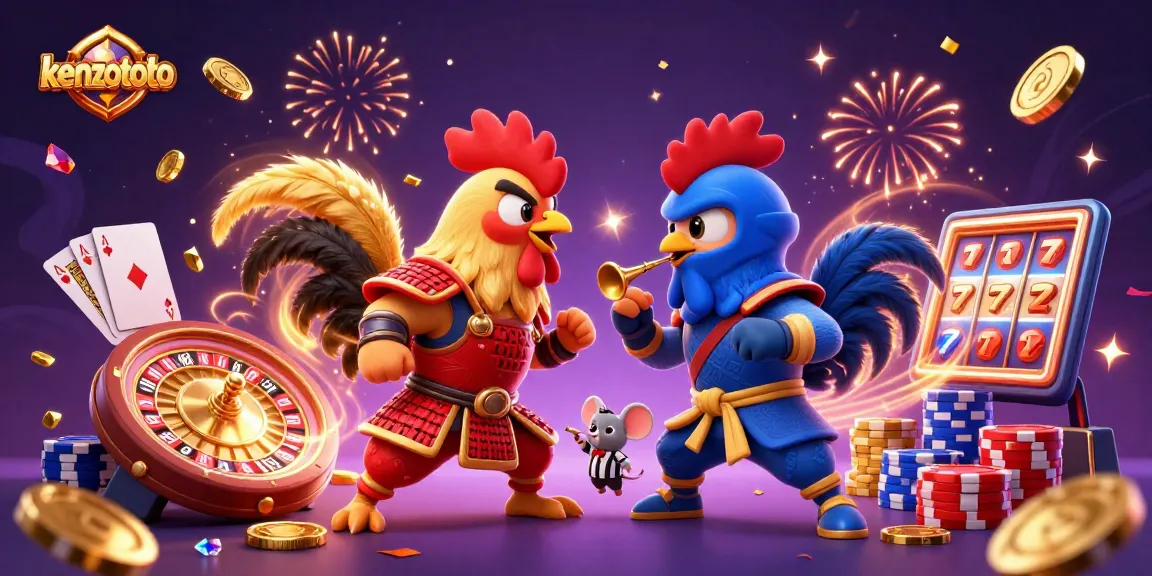 Experience the excitement of kenzototo with animated roosters amid coins and cards.