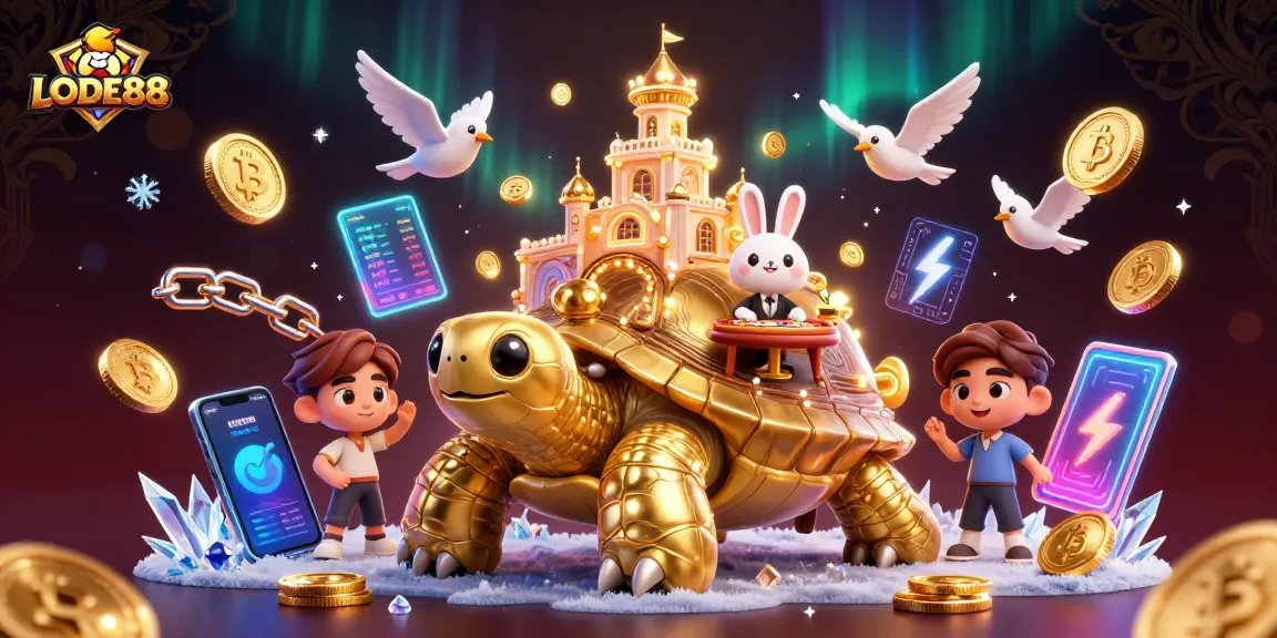 Engage with LODE88 as a vibrant casino haven featuring a giant tortoise and jubilant gaming elements.