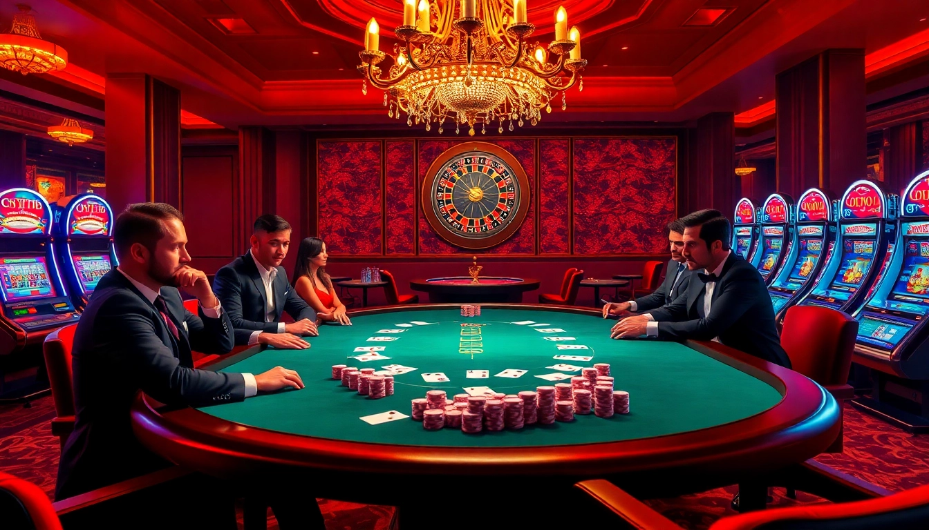 Engage in high-stakes excitement at LC88 with vibrant casino visuals featuring poker tables and roulette wheels.