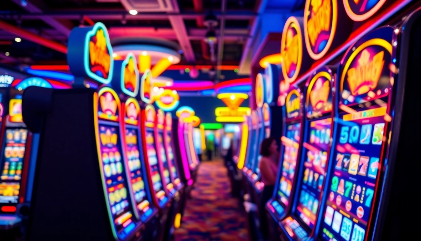 Permainan Slot Game yang menarik di kasino yang menampilkan banyak mesin slot berwarna-warni.