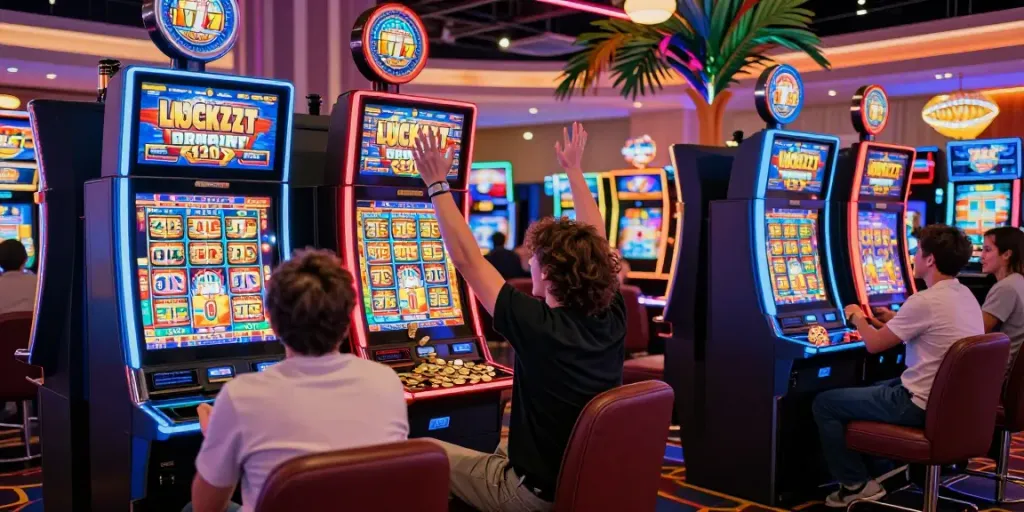 Lucky777 gaming celebration with players in a colorful casino environment.