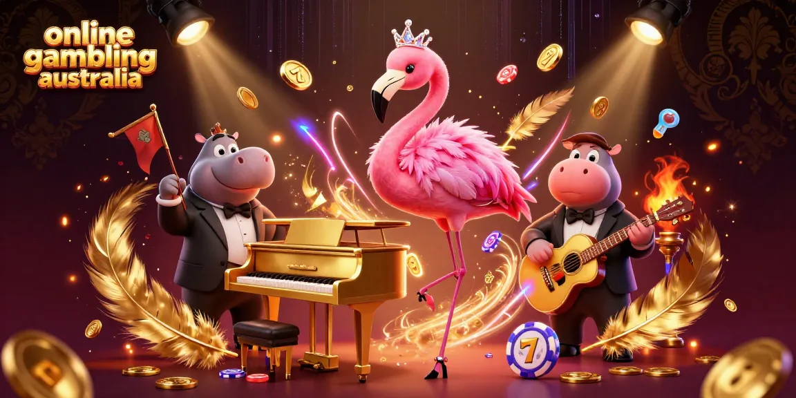 Engage in online gambling Australia with vibrant pokies, golden coins, and animated casino characters.