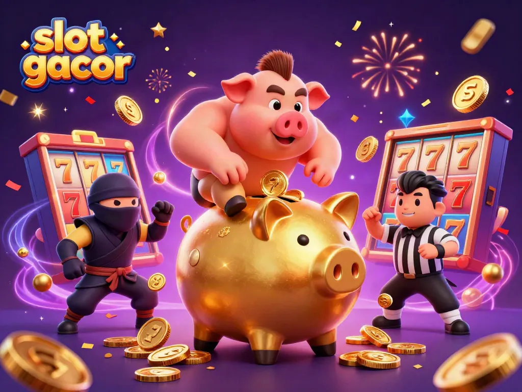 Engaging scene of a golden sumo wrestler piggy bank and ninja characters amidst colorful slot game icons for slot gacor.