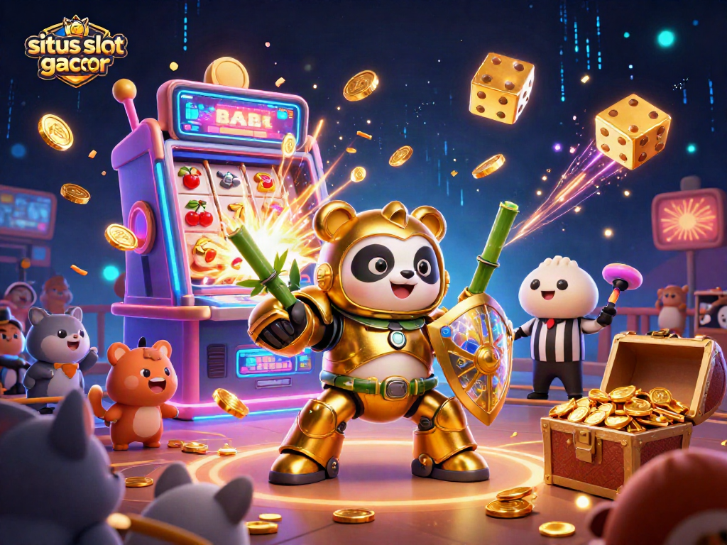 Situs slot gacor resmi showcasing a vibrant 3D casino arena with a mech-suit panda and jackpot symbols.