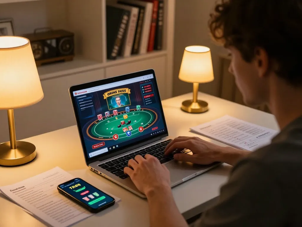 Player engaged in TR88 online casino poker, analyzing strategies intently at home.