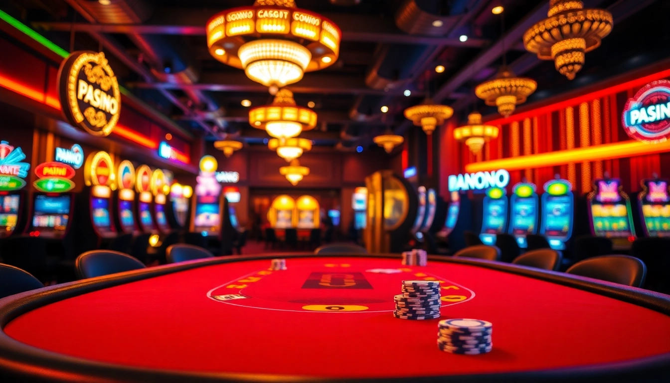 Engaging casino scene capturing a poker table surrounded by neon lights, inviting players to the Casino.