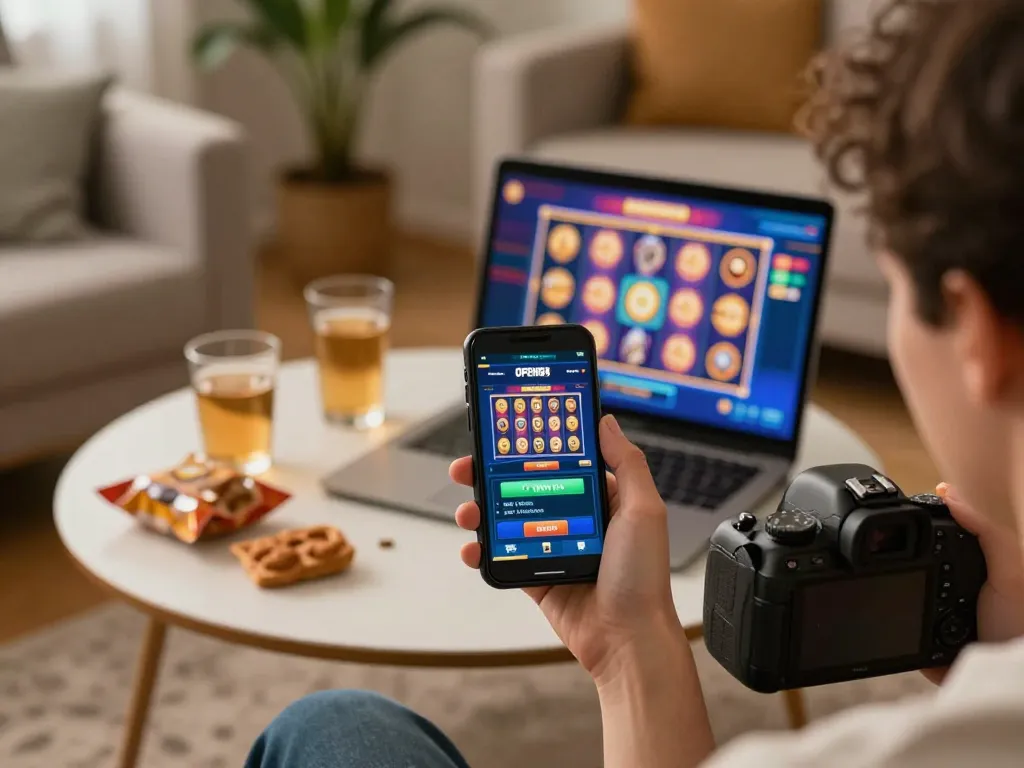 Player winning on the open88 casino app, smartphone displaying vibrant slot game, celebrating a successful bet.