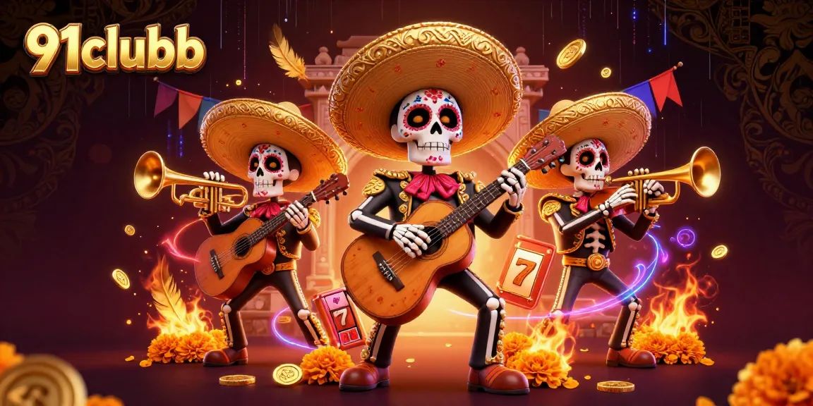Play exciting games with 91clubb's vibrant skeleton mariachi band illustration, embodying online casino fun.