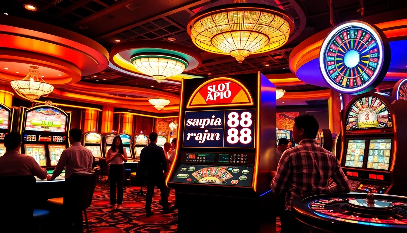 Players eagerly spinning the slot api raja 88 machine in a vibrant casino setting.