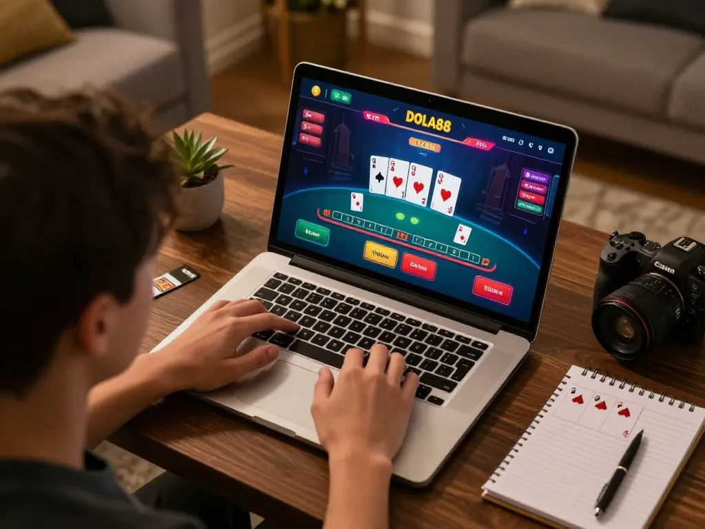 DOLA88 user engaged in an intense online blackjack session, showcasing vibrant graphics and strategic play.