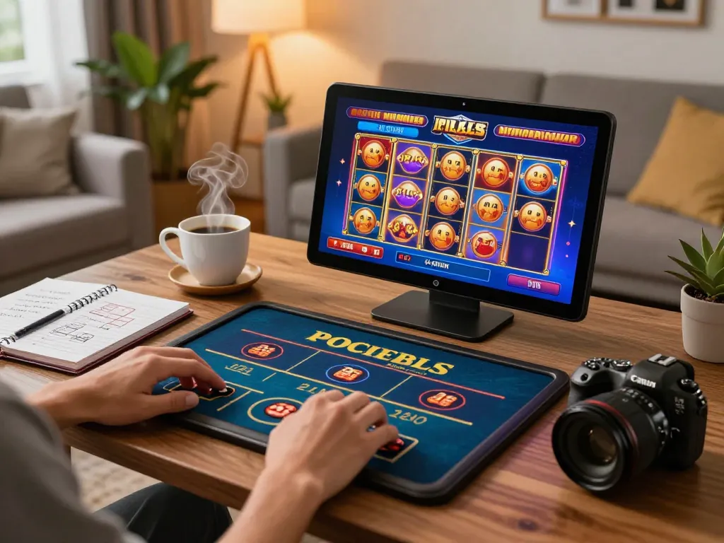 Player engaging with casinos not on gamstop through a tablet in a cozy living room setting, embodying strategic online gambling.