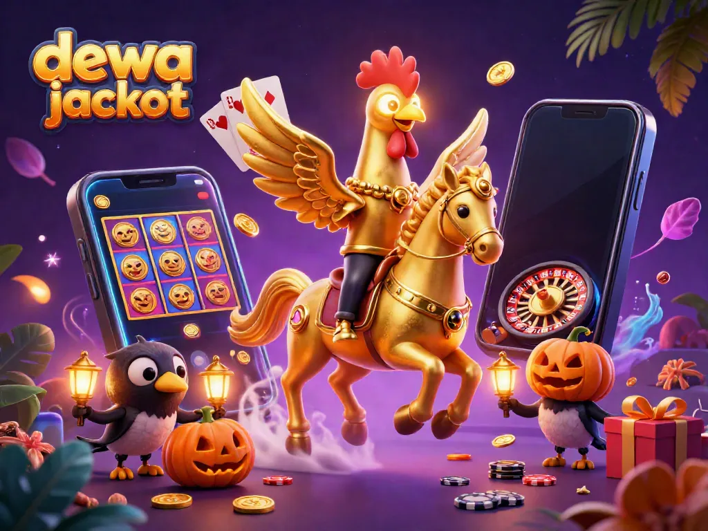 Menang dengan dewa jackpot dalam ilustrasi kasino 3D yang memukau dan berwarna-warni.
