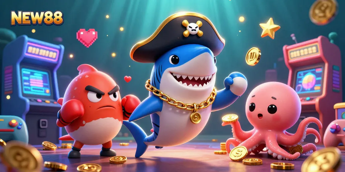 NEW88 showcases a vibrant 3D scene with a pirate shark and friends enjoying casino games.