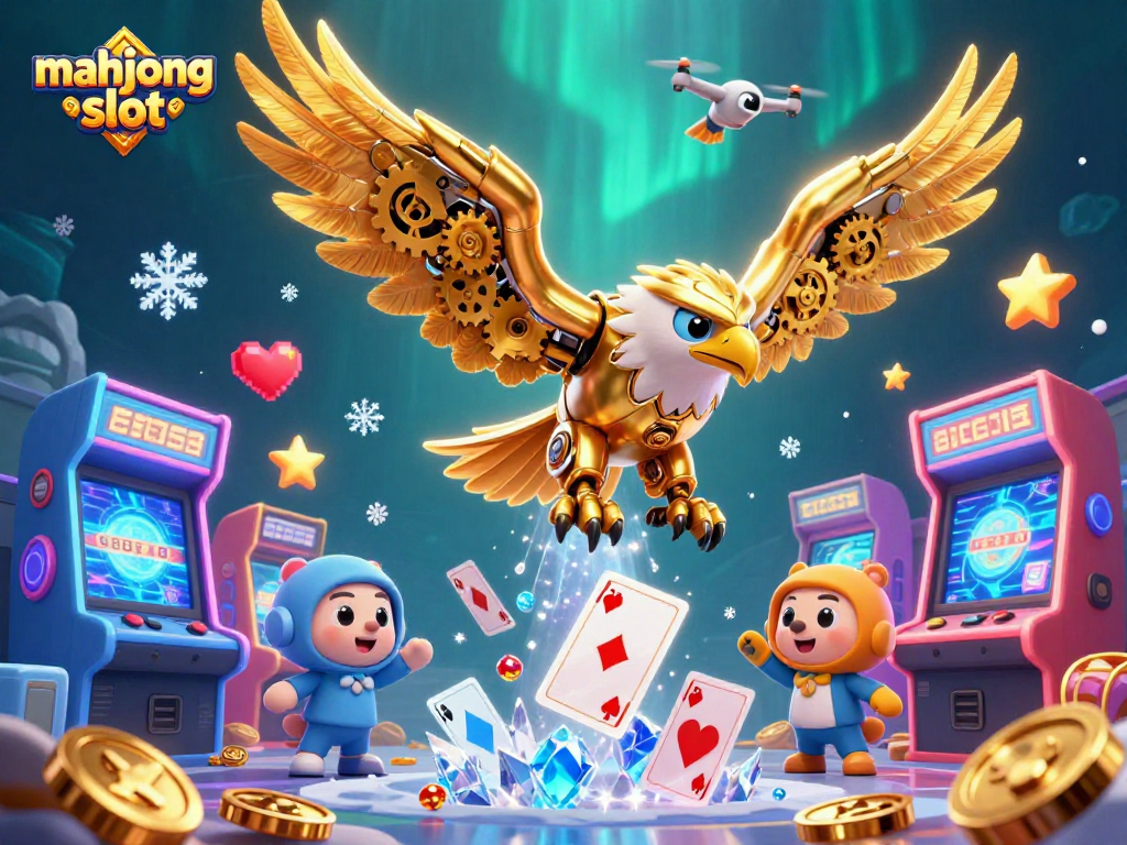 Engage with the mahjong slot adventure featuring a cybernetic eagle amidst casino-themed graphics.