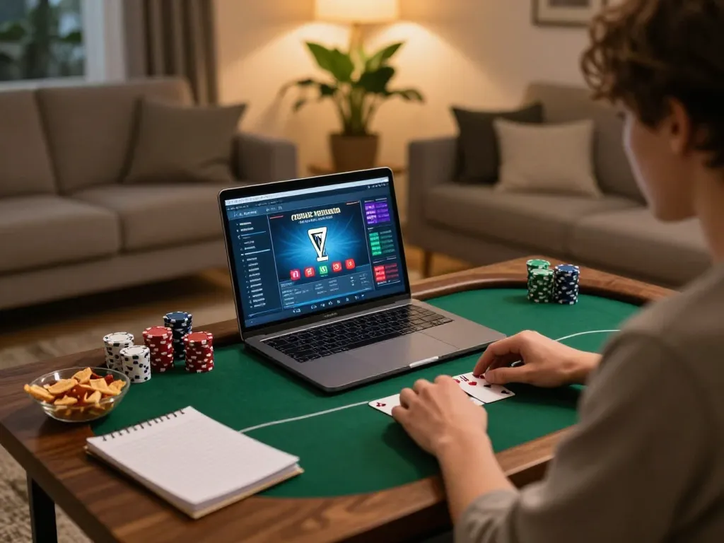 Engaging in poker gameplay on a cozy setup at 98win trang chu, featuring strategic elements and relaxed atmosphere.
