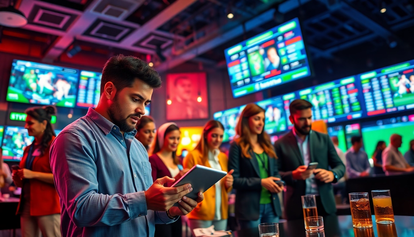 Experience online Betting in a lively sportsbook environment with diverse bettors engaging and analyzing odds.