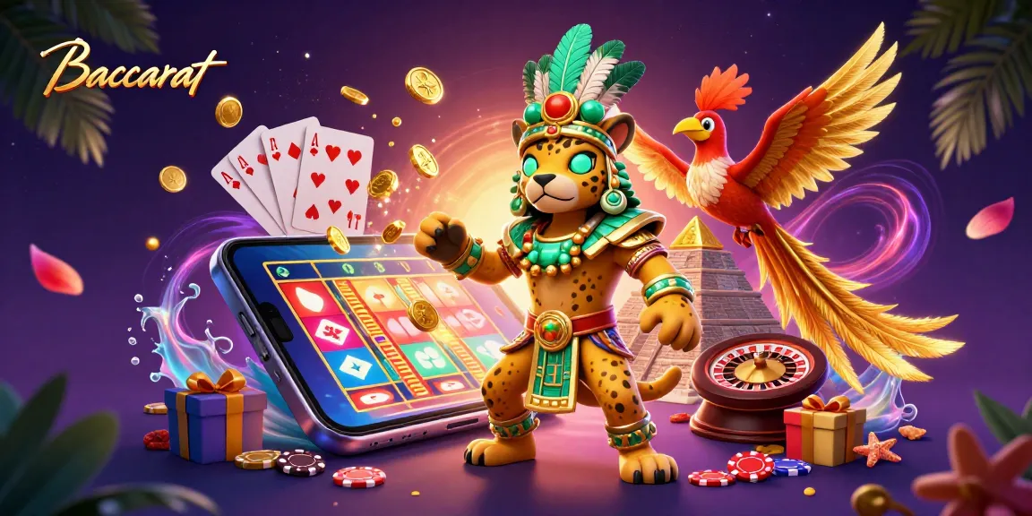 Baccarat game featuring a Mayan priest, quetzal bird, and vibrant casino elements for an immersive experience.