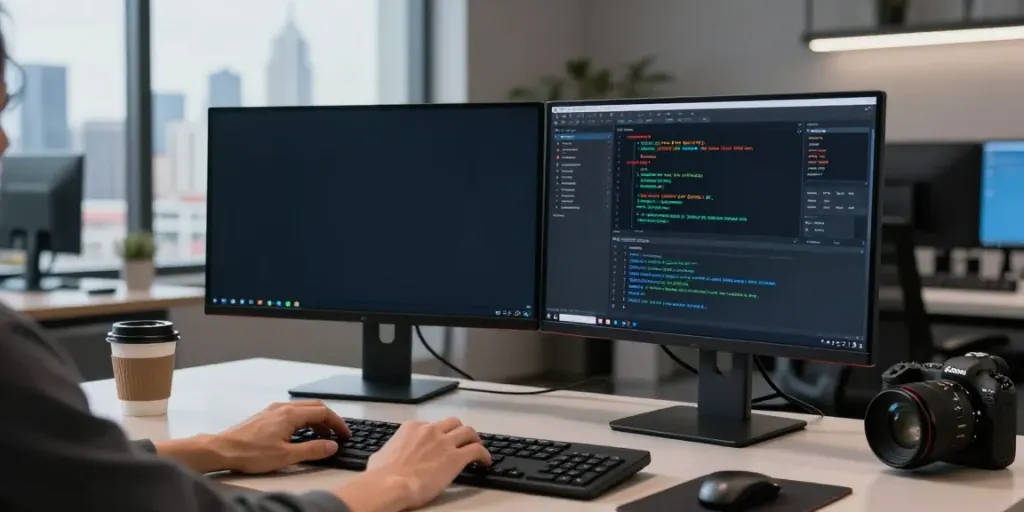 Developer using the A80 information platform in a modern tech workspace