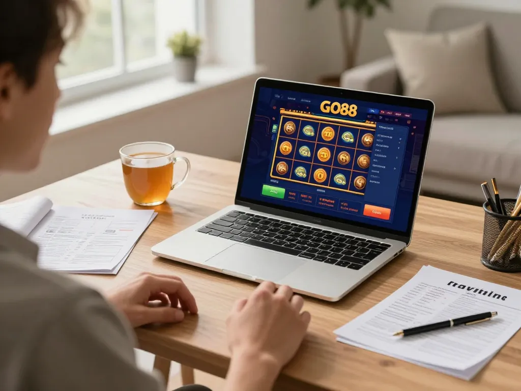 Player engaging with GO88's online slot game from a cozy home setup, surrounded by strategic notes.