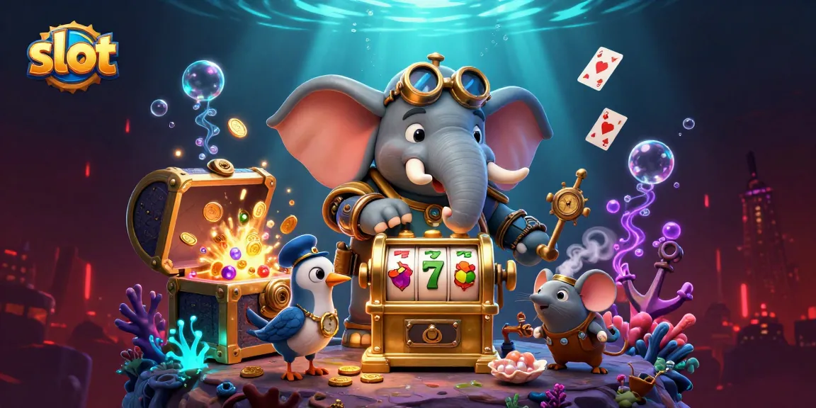 Experience spinning slots with a vibrant 3D steampunk elephant in a dynamic casino scene.