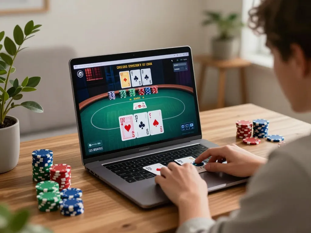 Player making strategic bets in a poker game while using tr88 online platform at home, showcasing a focused gaming environment.