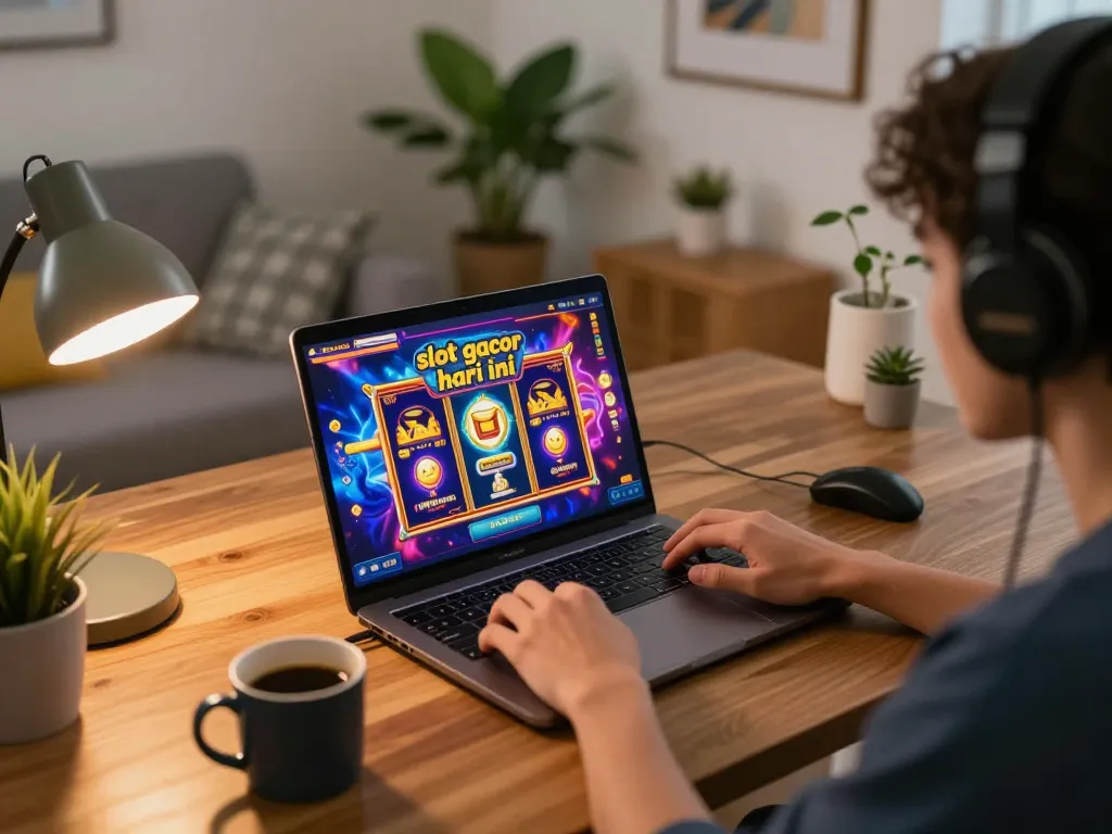 Engaging home gaming scene with "slot gacor hari ini" on screen during online play session.