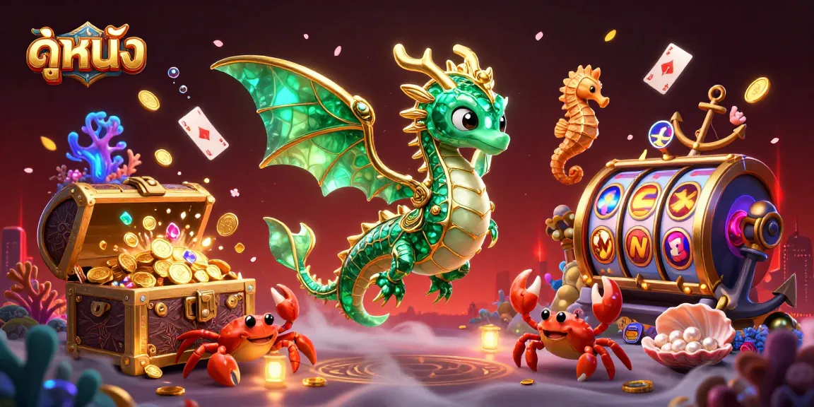 Experience ดูหนัง with a captivating 3D illustration depicting a mythical sea dragon and casino elements.