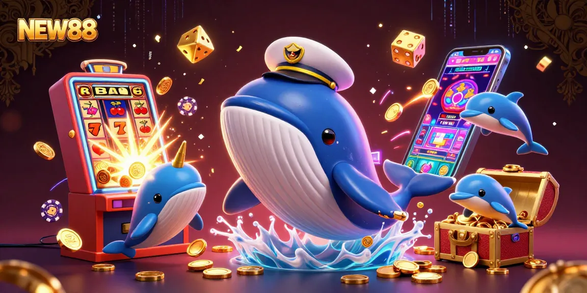 Win big with NEW88 as a 3D whale breaches a sea of coins alongside playful dolphins and a narwhal.