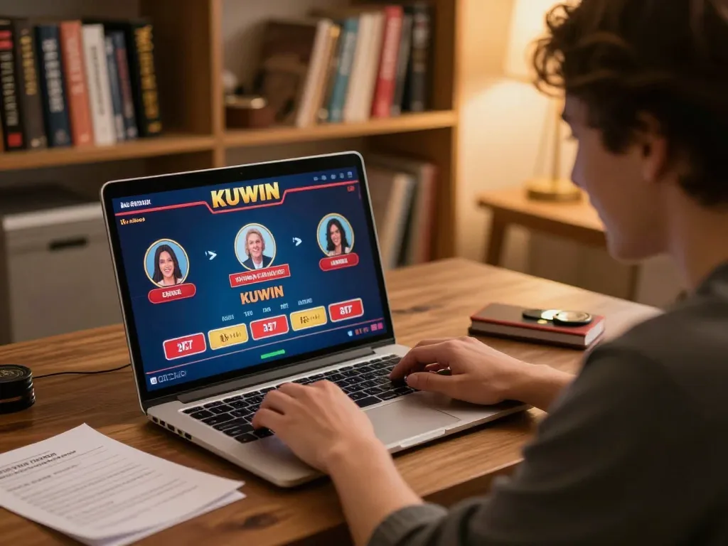 Kuwin user enjoying a live dealer game on the laptop in a cozy home setup.