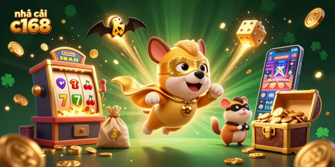 Experience excitement at nhà cái c168 with superhero dog and hamster amidst slot machines and jackpots.