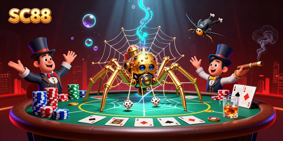 Engage with SC88's vibrant casino atmosphere featuring steampunk spider art and poker elements.