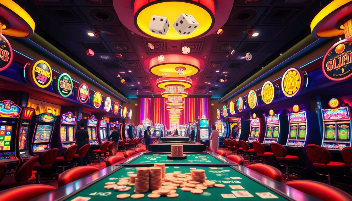 KUY4D menampilkan suasana kasino yang hidup dengan mesin slot dan meja judi.