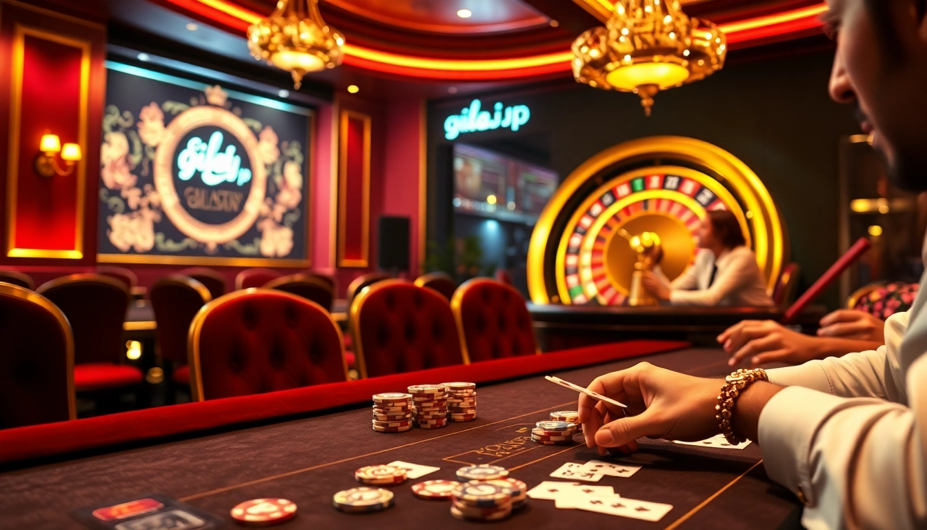Players engaging in an exciting poker game with gilajp-themed casino elements.