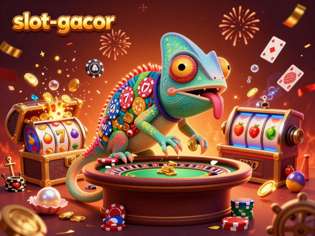 Engaging slot-gacor scene with a colorful chameleon casino owner and dynamic slot elements.