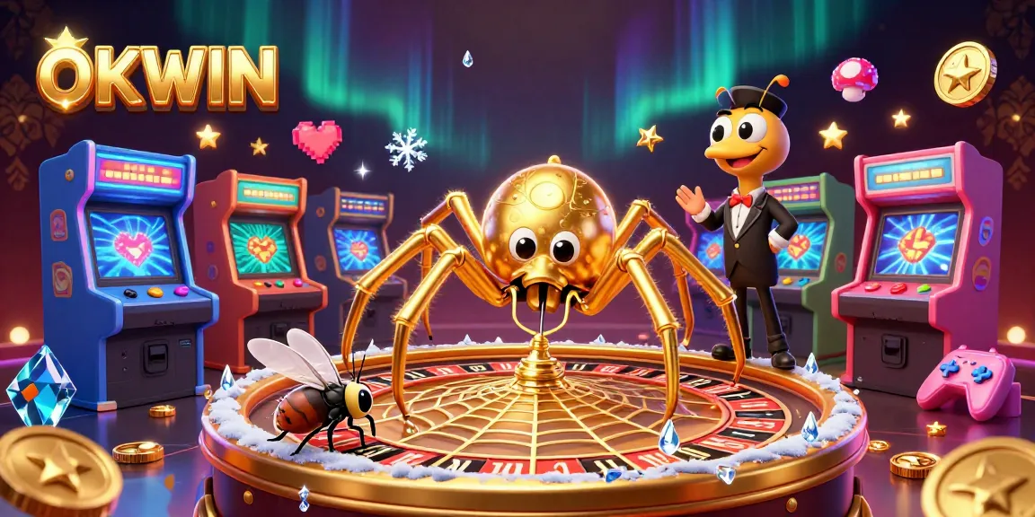 Experience the thrilling casino world of OKWIN with a golden spider and croupier in a dynamic scene.