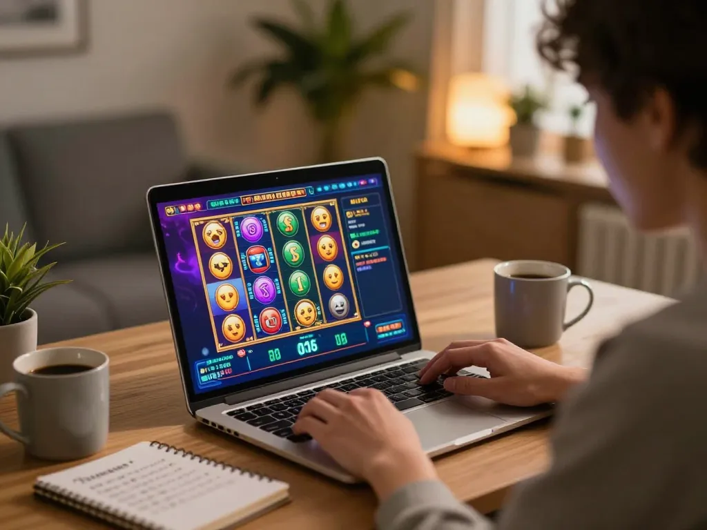 Engaging scene of a player experiencing slot online on their laptop with vibrant displays and strategy notes nearby.